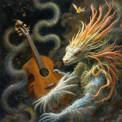 The primary subject of the image is a dragon-like creature holding a guitar. The dragon is positioned in the center of the scene, with the guitar resting on its chest. The setting appears to be a dark, possibly magical, environment, as the dragon is surrounded by a variety of plants and vines. The visual style of the image is a combination of digital art and illustration, creating a unique and captivating scene. The dominant colors in the image are dark and earthy tones, which contribute to the overall mood of the scene.